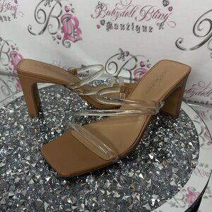 Bcbgeneration heels clear tan mules cute shoes fisher block heel beige strappy